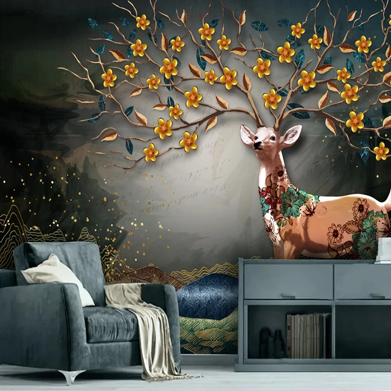 

3D-фреска «Лесной пейзаж с оленями» на заказ, обои с изображением лося, деревьев и природы для гостиной, спальни, стены за диваном, домашнего декора