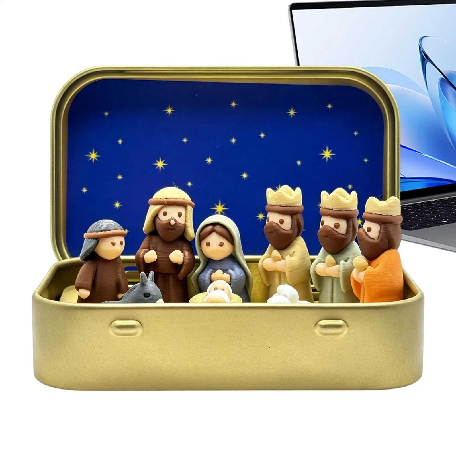 Metal Tin Box Mini Christmas Trough Set Holy Family Hand Painted Nativity Manger Scene Kit Shepherd Animal 3D Printed
