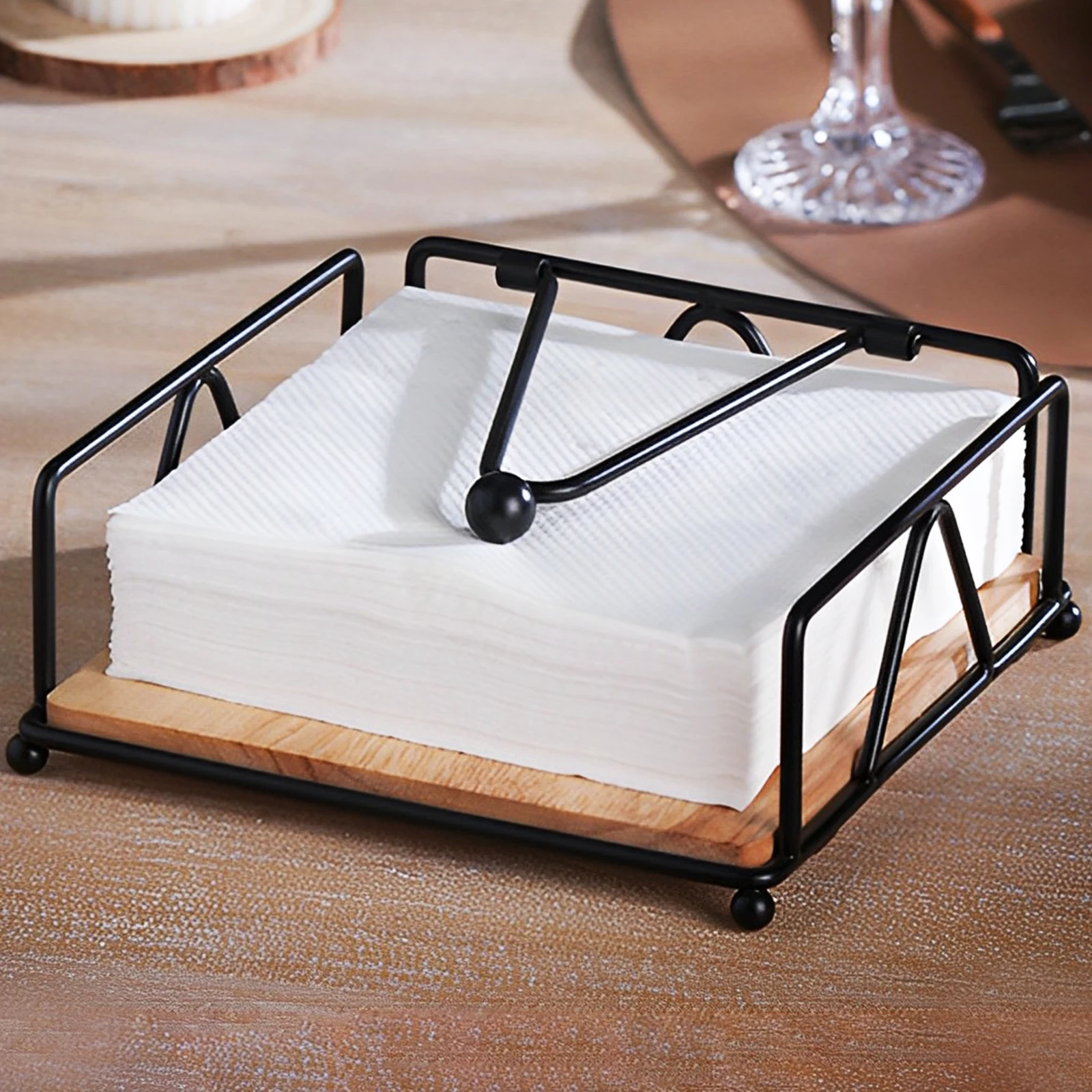 Napkin Holder Iron Flat Serviette Holder Freestanding Wooden Base Square Paper Raised for Kitchen Office Table Reusable