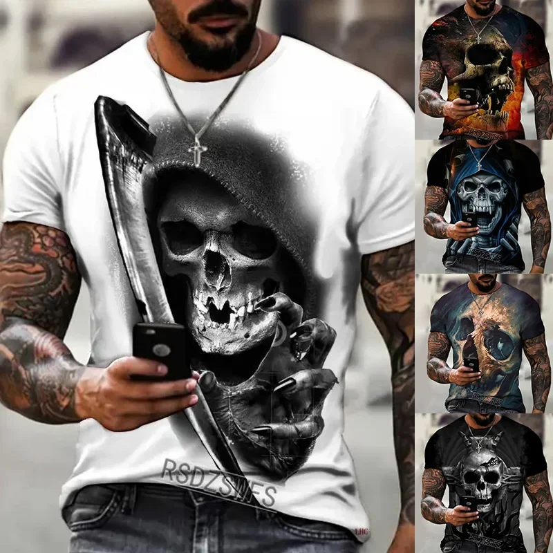 2024 Men's Casual Short-Sleeved T-Shirt Oversized Men's Casual Breathable and Refreshing Crew-Neck Printed Skull Pattern T-Shirt