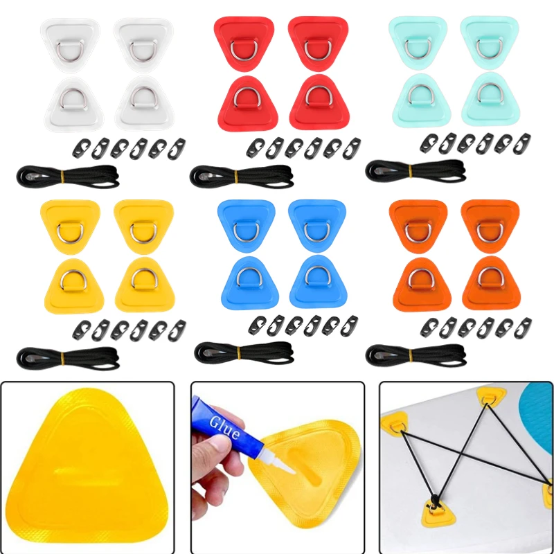 4PCS PVC Patch For Sup Paddleboard Rafting Boat Dinghy Triangle D Ring Patch+Elastic Bungee Rope(1)+Cord Hooks(6)