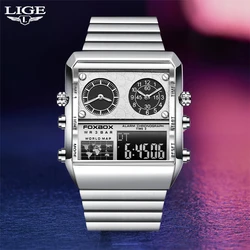 LIGE Top Brand Watch for Men Luxury Silver Sport Quartz Digit Dual Display Wristwatch Stainless Steel Waterproof Date Clock Male