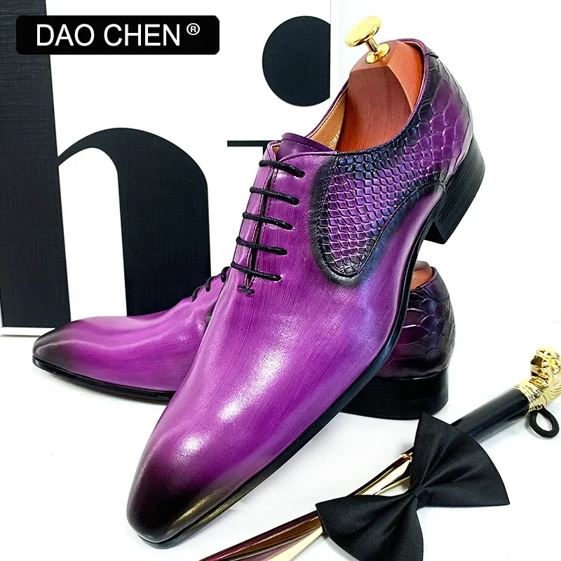 LUXURY MEN OXFORD SHOES PURPLE BLACK SNAKE SKIN PRINT MENS DRESS SHOES LACE UP POINTED TOE POLISH REAL LEATHER SHOES MEN