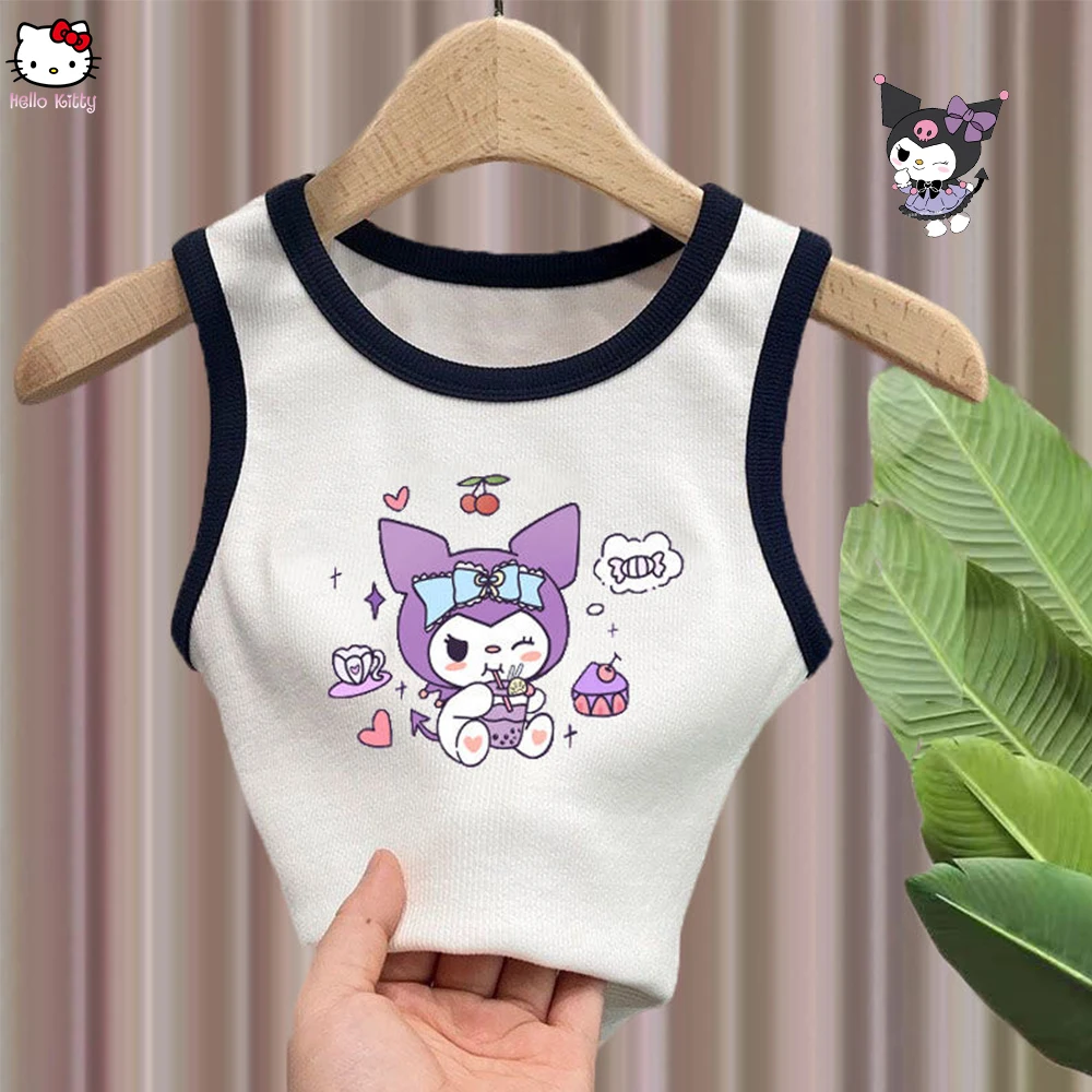 Sanrioed Cartoon Kuromi Melody Clothes Girl Crop Top Print Tank Tops Y2K Children Short Slim Vest Harajuku Black Sleeveless Tees