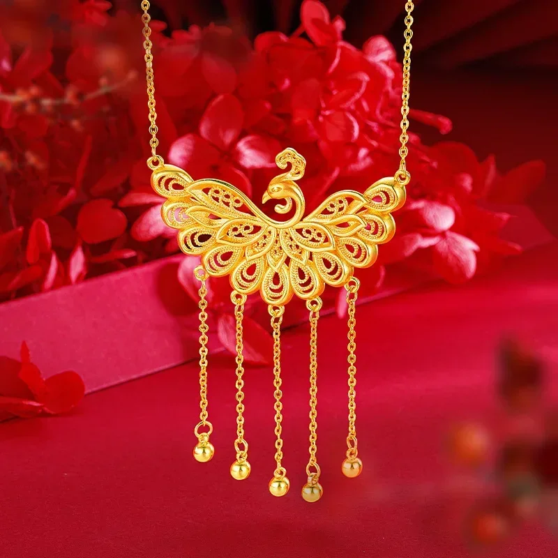 

9999 Real Gold 24 Premium New Chinese Bride Wedding Big Peacock Tassel Necklace Bride Ancient Gold Peacock Necklace