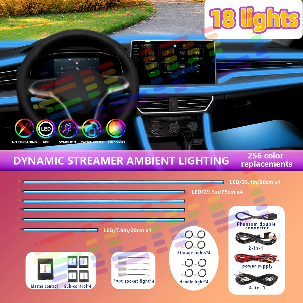 Car Interior Ambient Light App Control Atmosphere Universal Acrylic Auto Symphony Lamp Strip Colorful Rainbow LED Lighting RGB