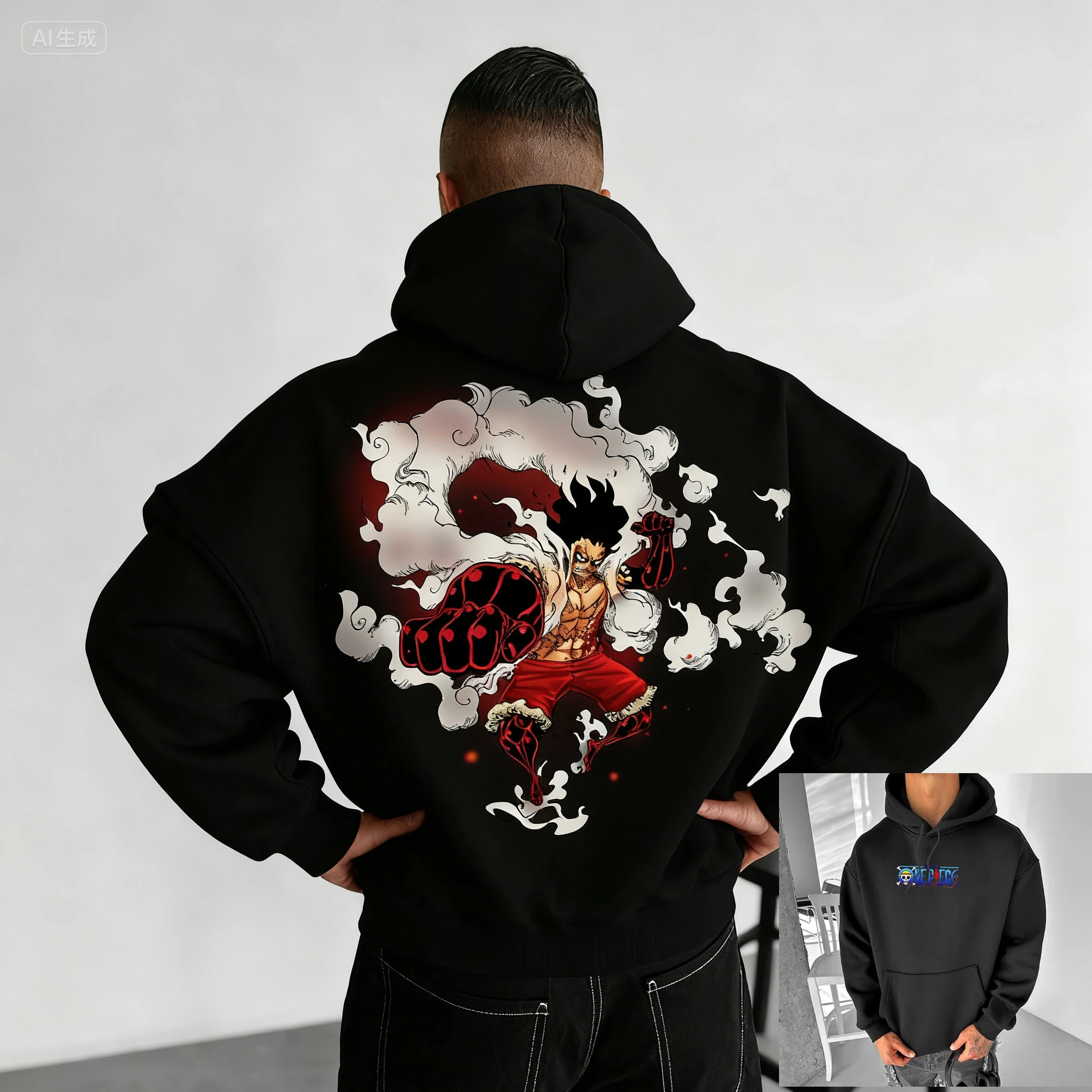 بانداي 2026 جديد قطعة واحدة ريترو ستايل لوفي طباعة موضة الرجال سترة دافئة الوالدين والطفل حجم كبير فضفاض كم طويل #4