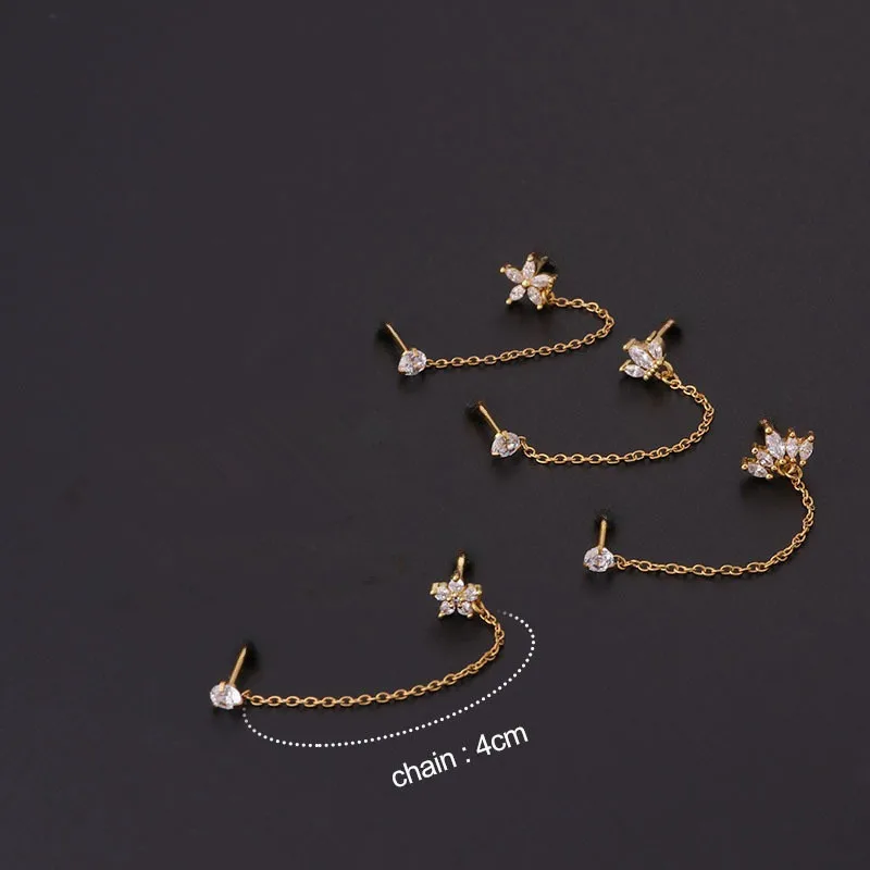 3PCS Stainless Steel Zircon Flower Star Ear Stud Earrings Set 14K Gold Plated Chain Cartilage Piercing Earring Women's Jewelry