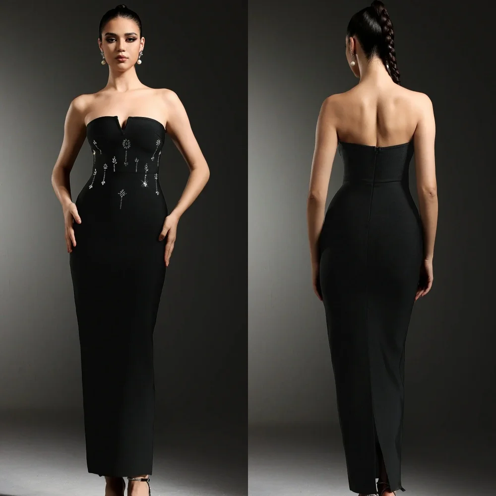 Customized Modern Style Simple Jersey Rhinestone Ruched Straight Strapless Ankle Length Dresses Bespoke Occasion Dresses Sexy