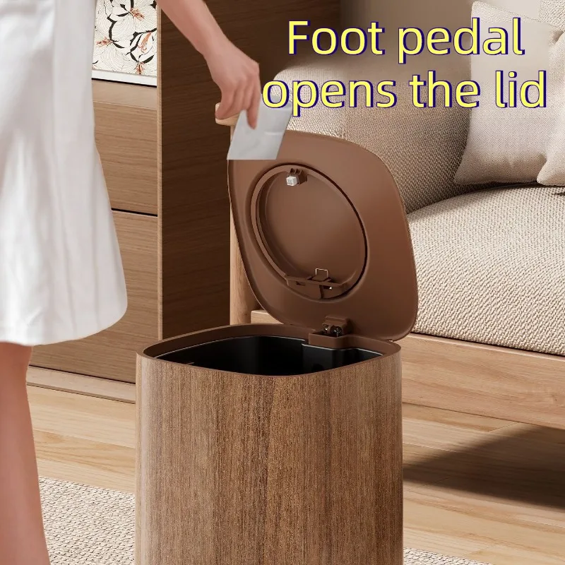 Foot Press Waste Bins Silent Slow Drop Container Vintage Wood Grain Bucket Washroom Living Room Lidded Household Cleaning Tools