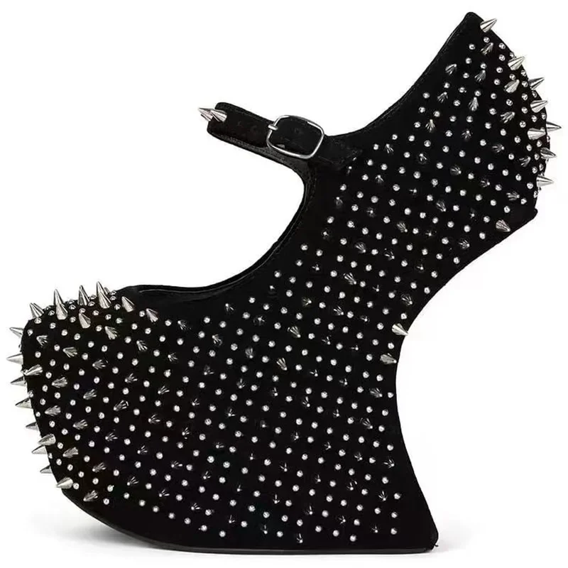 Black Rivet Buckle Cut Out Sandals Wedge Heel Shallow Fashionable Sexy Cool 2024 Summer Big Size Woman Shoes Zapatillas Mujer