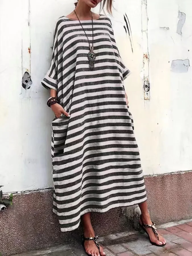 Vrouwen Katoen Linnen Gestreepte Jurk 2023 Zomer Losse Big Size 4XL 5XL Maxi Jurk gewaad femme Casual Lange Boho Kaftan Moslim Jurk
