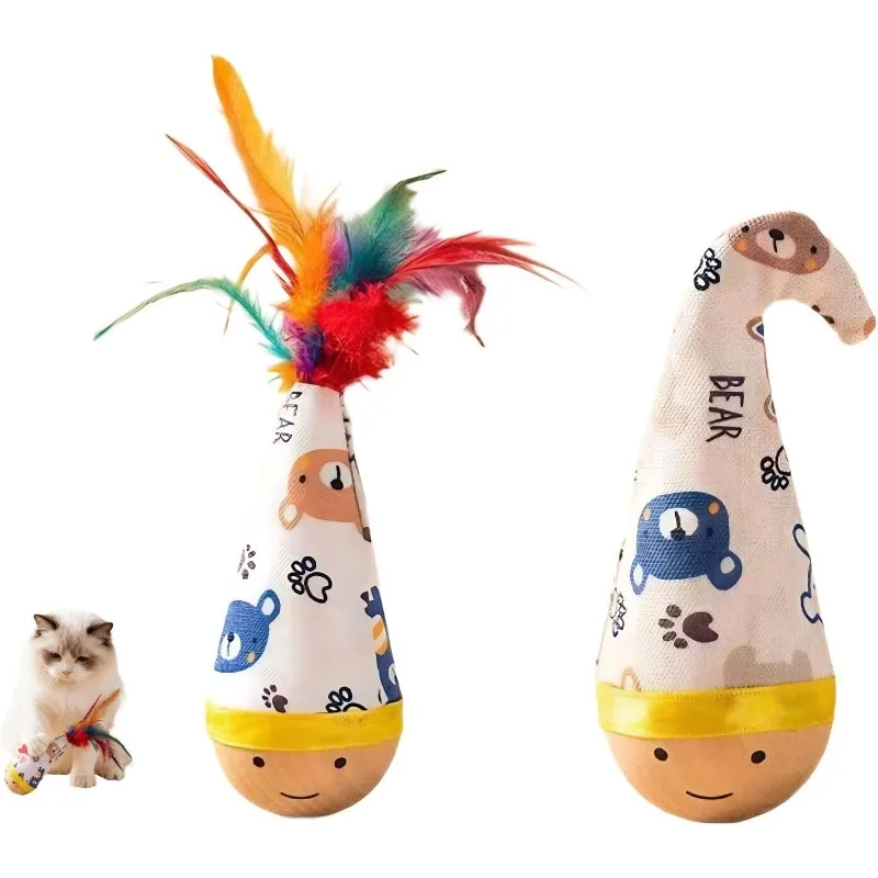 Self-Entertaining  Interactive Wobbler for Cats Cat Tumbler Twist Toy with Feather Wear-Resistant Wooden Base