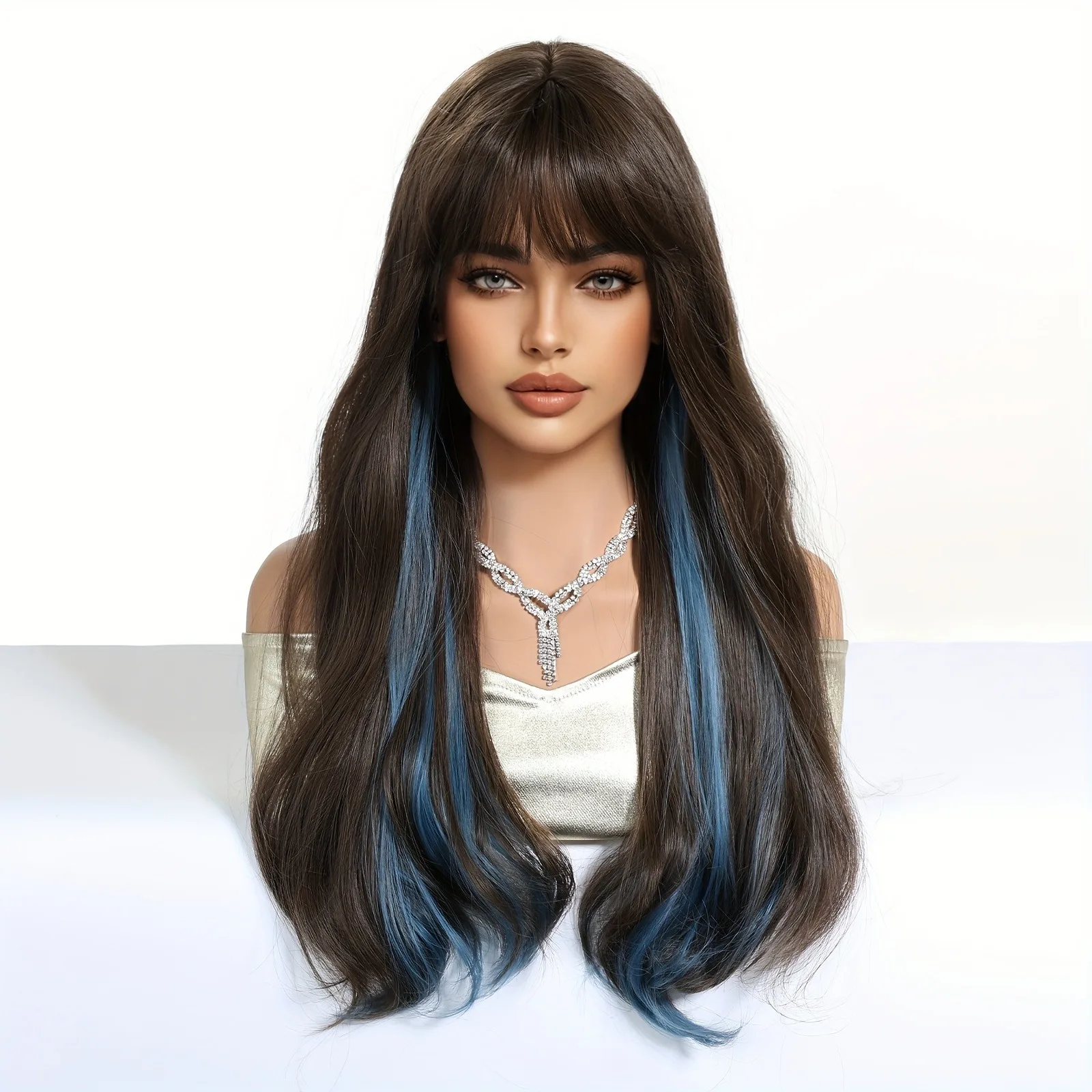 باروكة صناعية مجعدة ومستقيمة بطول 60.96 سم للنساء - بني طبيعي مع خصلات زرقاء مثالية لحفلات الهالوين #5