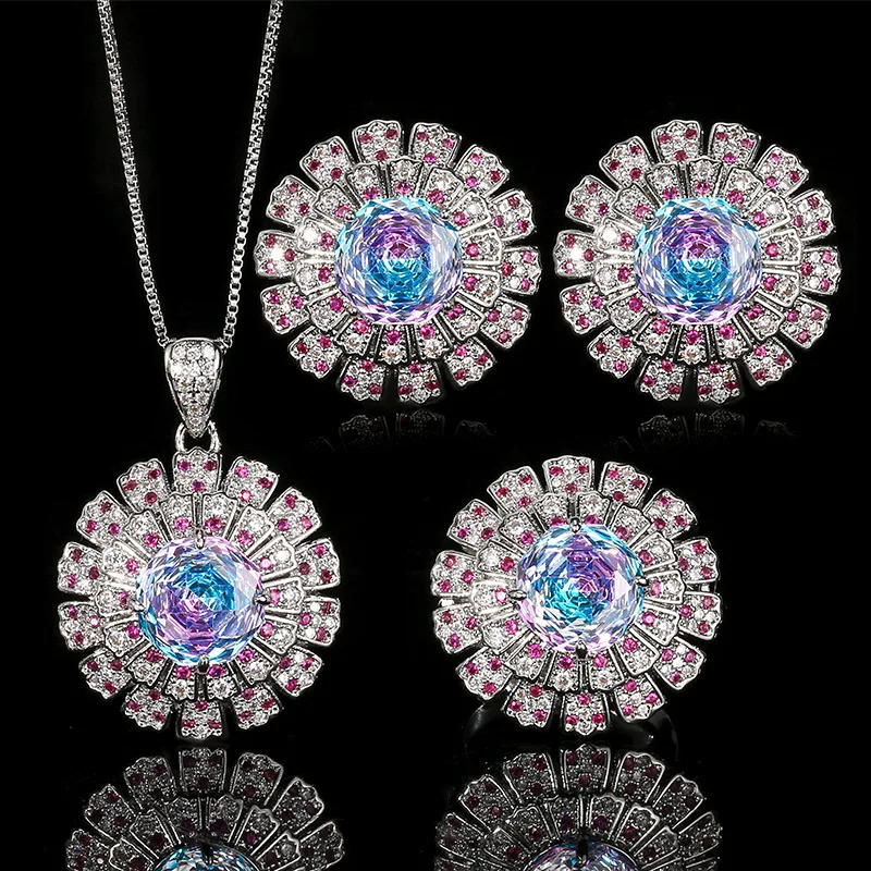 

Best-selling jewelry set with copper base, gold-plated, gradient color, high-end feel, full of diamonds, main stone 14-10mm