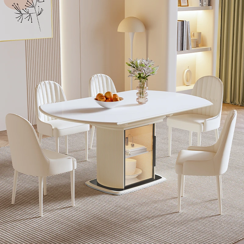 クリーム色の岩板ダイニングテーブルと椅子、2025年新作、軽奢ハイエンド、家庭用、狭いアパート向け、伸縮式折りたたみ