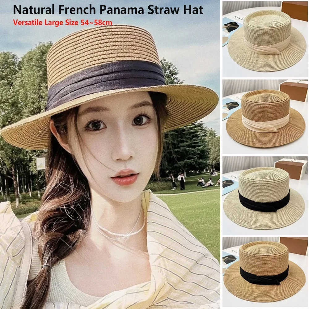 Nouveau Chapeau de Paille Panama Français Polyvalent et Naturel, Taille Grande 54~58cm, Chapeau de Plage d'Été pour le Tourisme, Large Bord, Protection UV, Chapeau Pare-Soleil