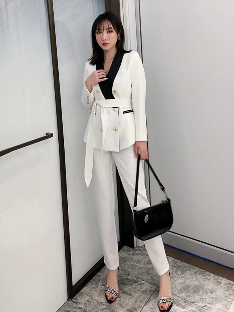 

Женский костюм-двойка, осенне-зимний, новый, в стиле Селеста Хепберн, двубортный, с брюками из девяти частей, для элегантных дам