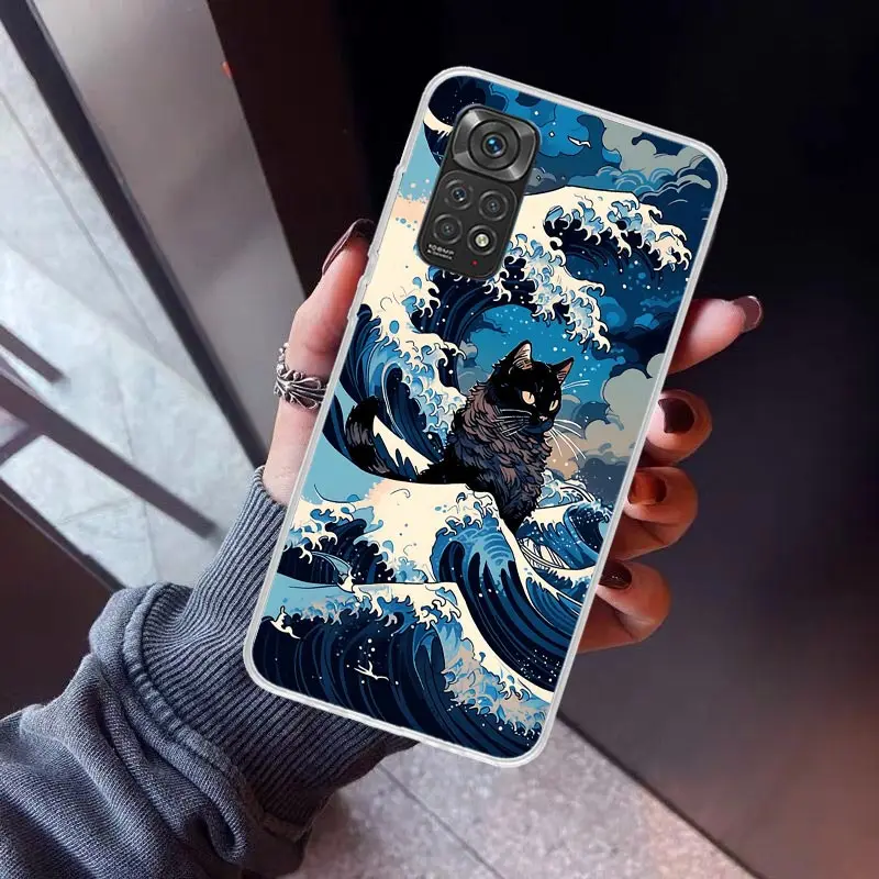 Anime Cat Sea Wave Aesthetic Phone Case for Xiaomi Redmi Note 13 12S 12 11S 11 11E 11T 10S 10 Pro Plus 9 9S 8 8T 7 5G Soft Cover