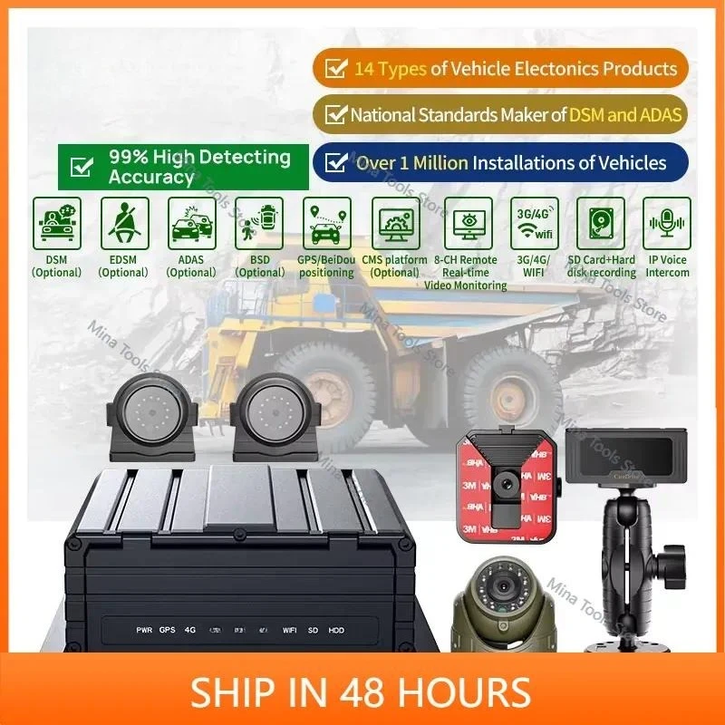 8-Channel 1080P DSM ADAS Car Camera Video Recorder AI MDVR 360 Panoramic View BSD for Trucks Buses Commercial LCD