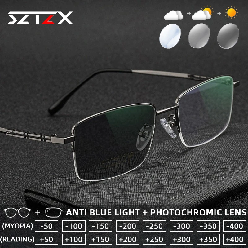 

SZTZX Business Titanium Photochromic Reading Glasses Anti Blue Light Rectangle Myopia Glasses Progressive Prescription Eyewear