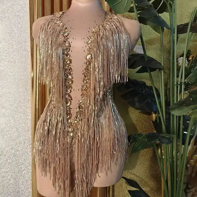 

Nightclub Party Dress New Champagne Color Sexy Shiny Tassel Round Neck Short Elegant Luxurious Jumpsuit