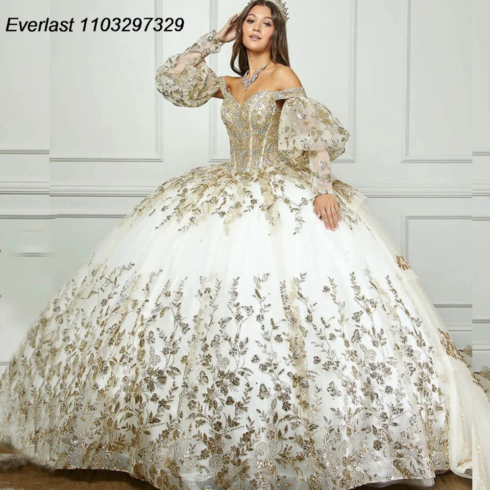 فستان EVLAST-Ivory Quinceanera ، ثوب الكرة ، دانتيل ذهبي ، مطرز بالخرز ، أكمام منتفخة متدرجة ، حلوة 16 ، 15 سنة ، TQD644