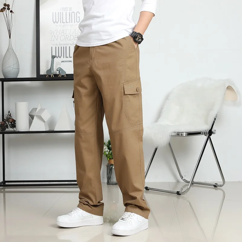 Large Size Men's Cargo Trousers Straight Leg Work Pant Men Loose Fit Cotton Wide Overalls Male Side Multi Pocket Plus Size