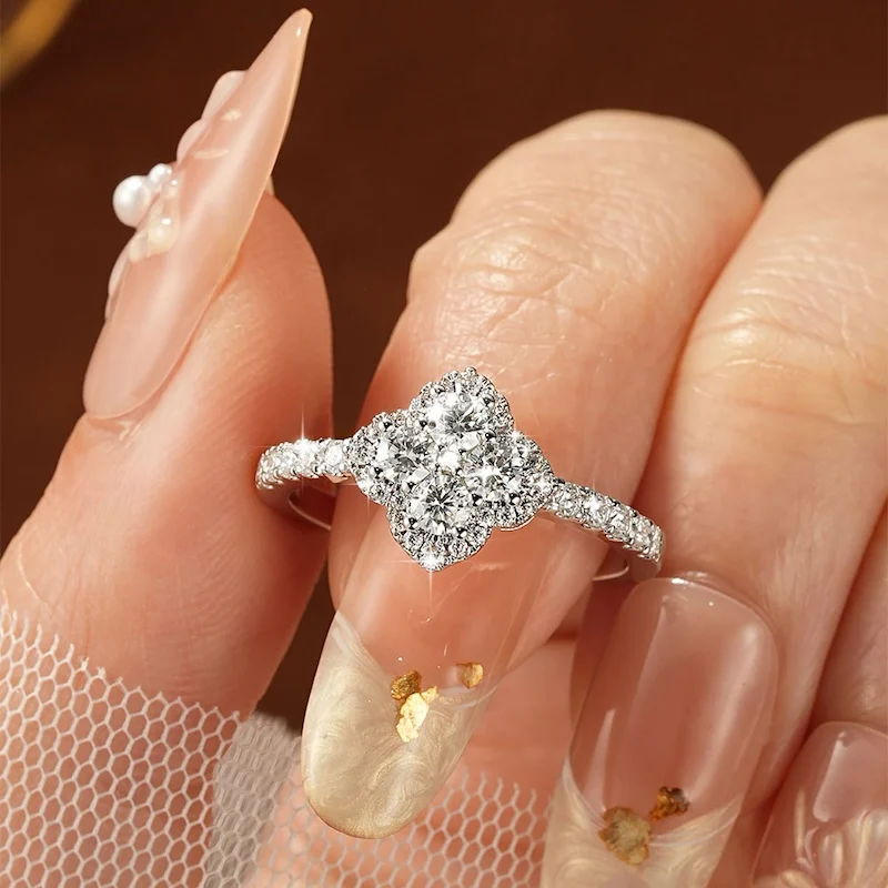 IOGOU D-Farbiger Moissanit Vierblumen-Ehering für Damen, GRA-Zertifizierter Labor-Imitationsdiamant Kleeblatt-Ring, Schmuckgeschenke – Detail 7