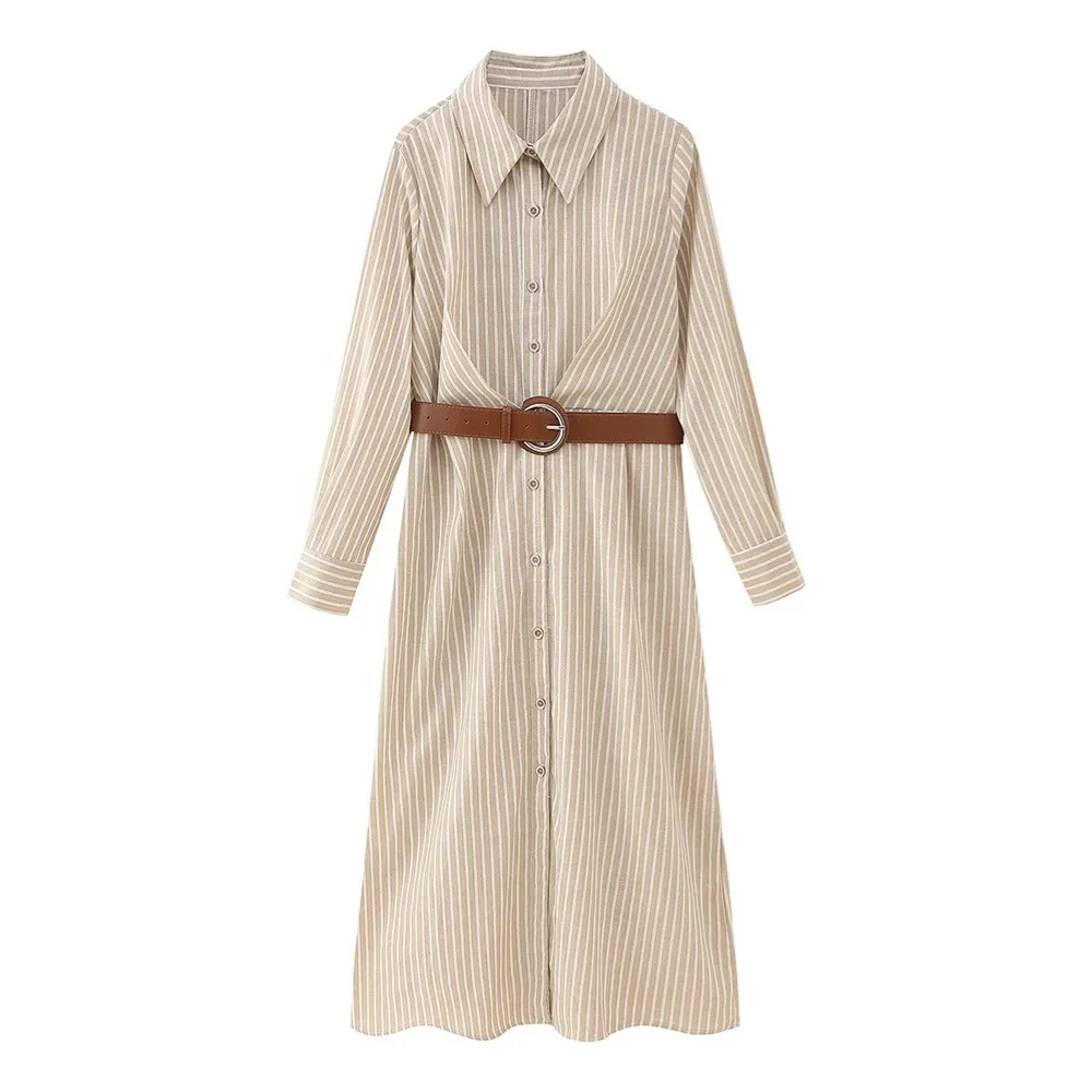 UNIZERA 2023 Autumn/Winter New Product Women\'s New Fashion Casual Matching Belt Stripe Shirt Style Dress