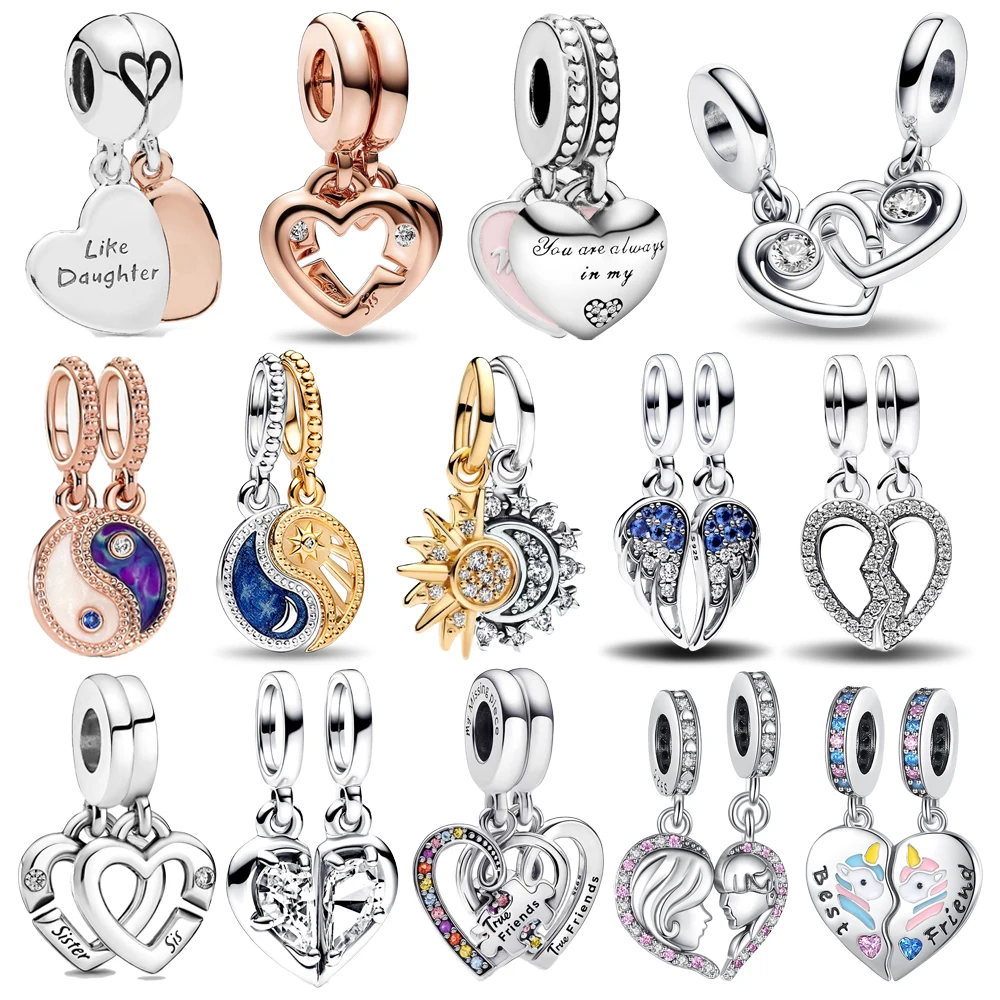 Doppio argento sterling 925 sole luna cuore blu zirconi ali e Tai Chi coppia unicorno ciondola il fascino adatto braccialetto di marca gioielli fai da te