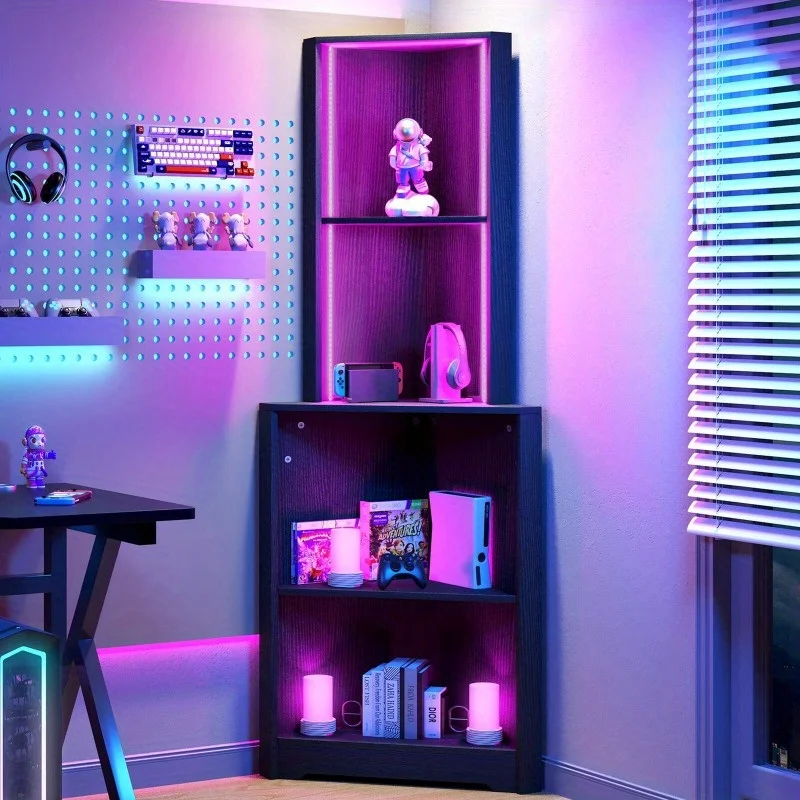 Corner Shelf with LED Light Bookshelf Bookcase with Open Display Storage Rack