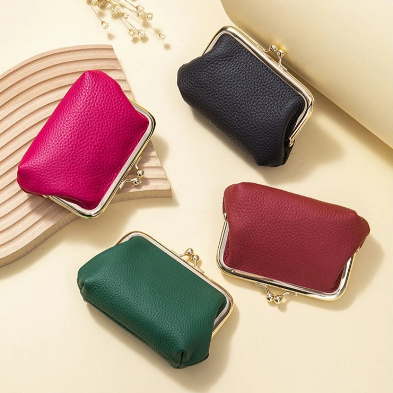 

Компактный кожаный мини-кошелек с текстурой личи — портмоне с дизайном Kiss-lock и отделениями для карт, легкая женская повседневная сумка
