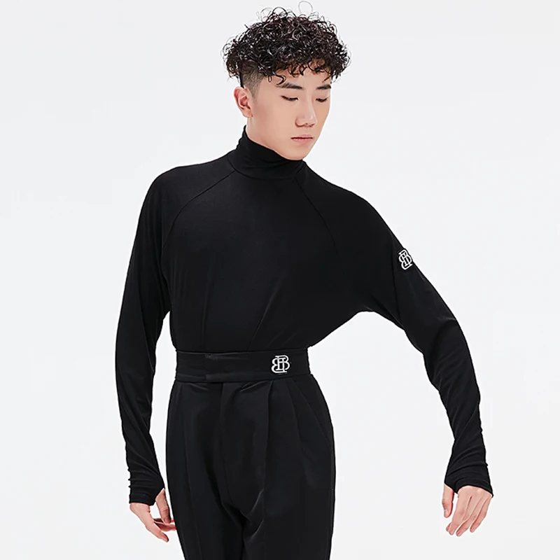 Men's Latin Dance Tops New High Collar Black Long Sleeves Practice Tops Adult Male Cha Cha Rumba Ballroom Dance Clothing BL17755