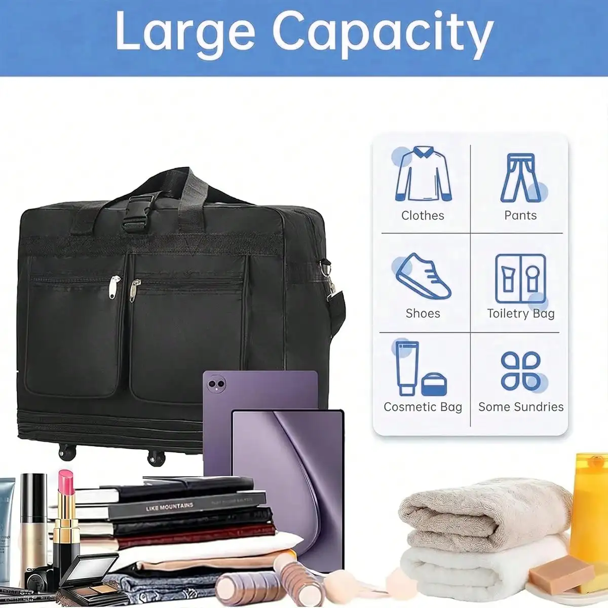 Black Rolling Travel Duffel Bag With Wheels, Expandable & Foldable Collapsible Luggage Bag, Large Capacity Carry On Suitcase, Portable Wheeled Duffle for Men Women, Ideal for Weekend Getaways, Airline Travel, Short Trips and Overnight Vacations