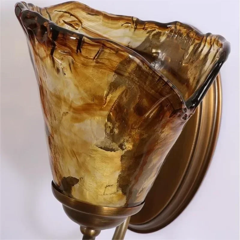 

SANDYHA Elegant French Style Wall Lamp with Tawny Glass Lampshade for Bedroom Living Room and Study Decorative Lighting Fixtures