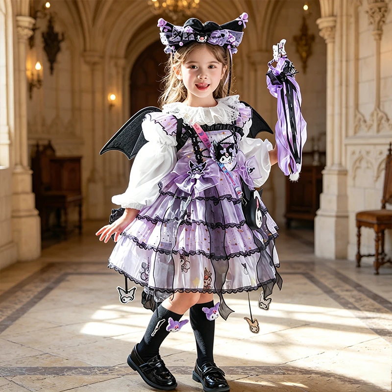 

Anime Kuromi Vintage Lolita Dress for Girls Ruffled Princess Costume with Bowknot Layered Sequin Ball Gown Kids Fashion