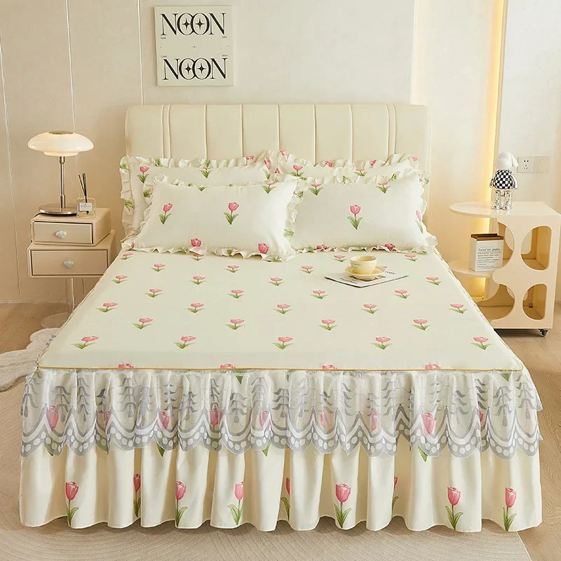 1PC Printed Bedding Set Lace Trim  Heightening Bed Skirt Pillowcase Set Anti-slip Mattress Cover Soft Comfortable Cotton Double