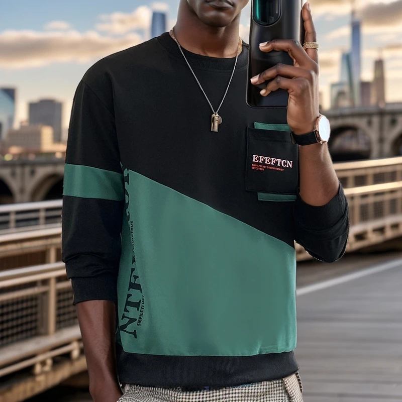 

Men hoodie autumn and winter new trend splicing contrasting color pullover youth fashion casual long sleeved top