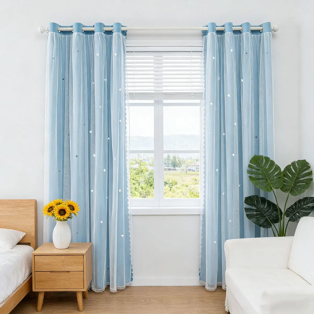 Blue Star Hollow‑Out Grommet Curtains 2pcs, Double‑Layer Sheer Tulle Drapes for Kids Bedroom
