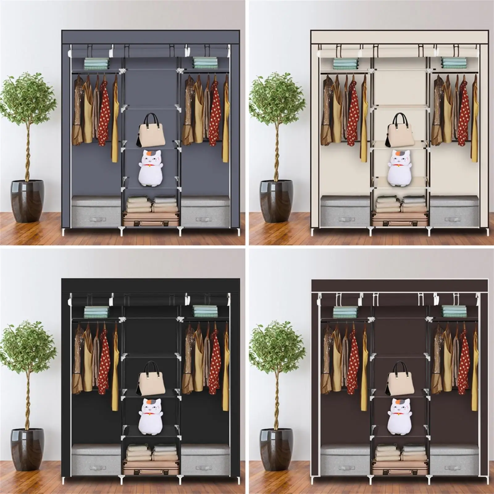 69 Portable Non-Woven Fabric Closet - Double Rod Gray Wardrobe Organizer for Efficient Storage