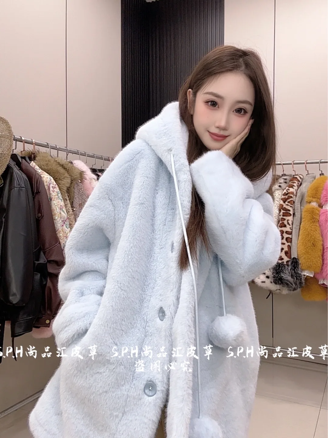 2025 New Women's Winter Cute Age-Reducing Hooded Fur Ball Mid-Length Coat Faux Fur Coat Mid-length Solid Color Fluffy Jacket