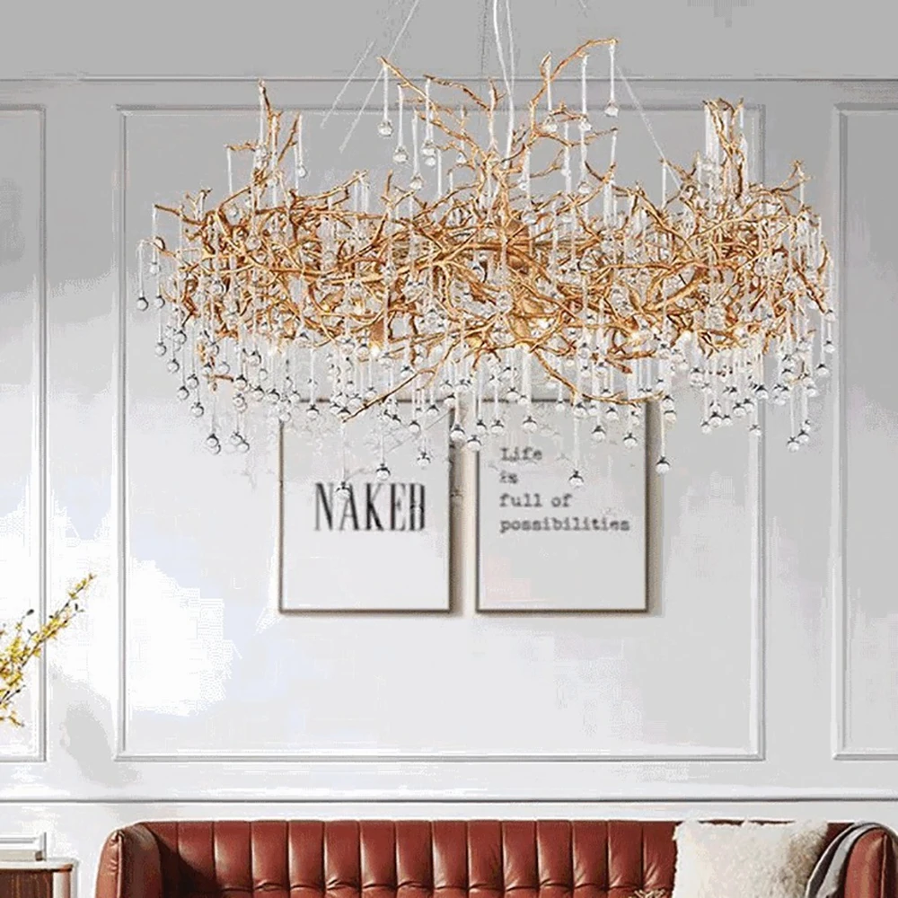 Copper Crystal Chandeliers Luxury Living Room Pendant Light French Villa Atmospheric Pendant Light Restaurant Light Hotel