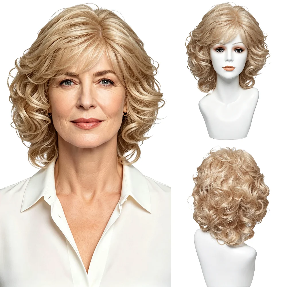 Light Blonde Layered Curly Wigs Women Shoulder Length Fluffy Side Bangs Heat Resistant Synthetic Hair Daily Wear Party Cosplay