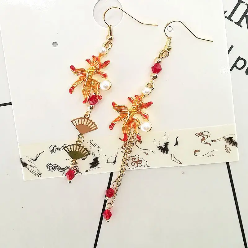 Vintage Goldfish Fan Shaped Earrings for Women Lucky Star Pearl Han Costume Accessories Long Tassel Luxury Jewelry Fashion Gift