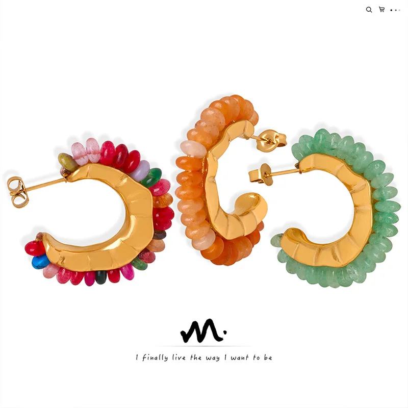 

【Mirrordust】ВинтажКолноцветные женские серьги из натурального камня желтого агата, зеленого фантомного камня, элегантные повседневные женские серьги из титановой стали