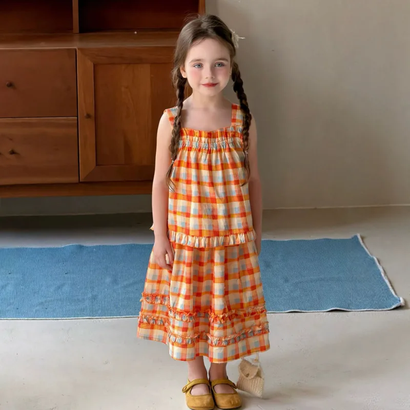 Girl Plaid Outfit Vest Top Skirt 2piece Set 26 Spring Summer Children Kid Strap Cake Dress Baby Sleeveless 3-12 Year Toddler