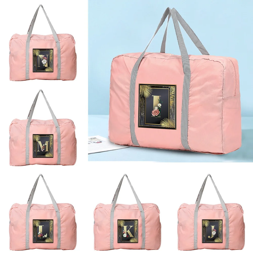 

New Luggage Handbags Large Capacity Organizers Foldable Clothes Storage Pink Duffle Carry Bags Golden Series Print Pattern