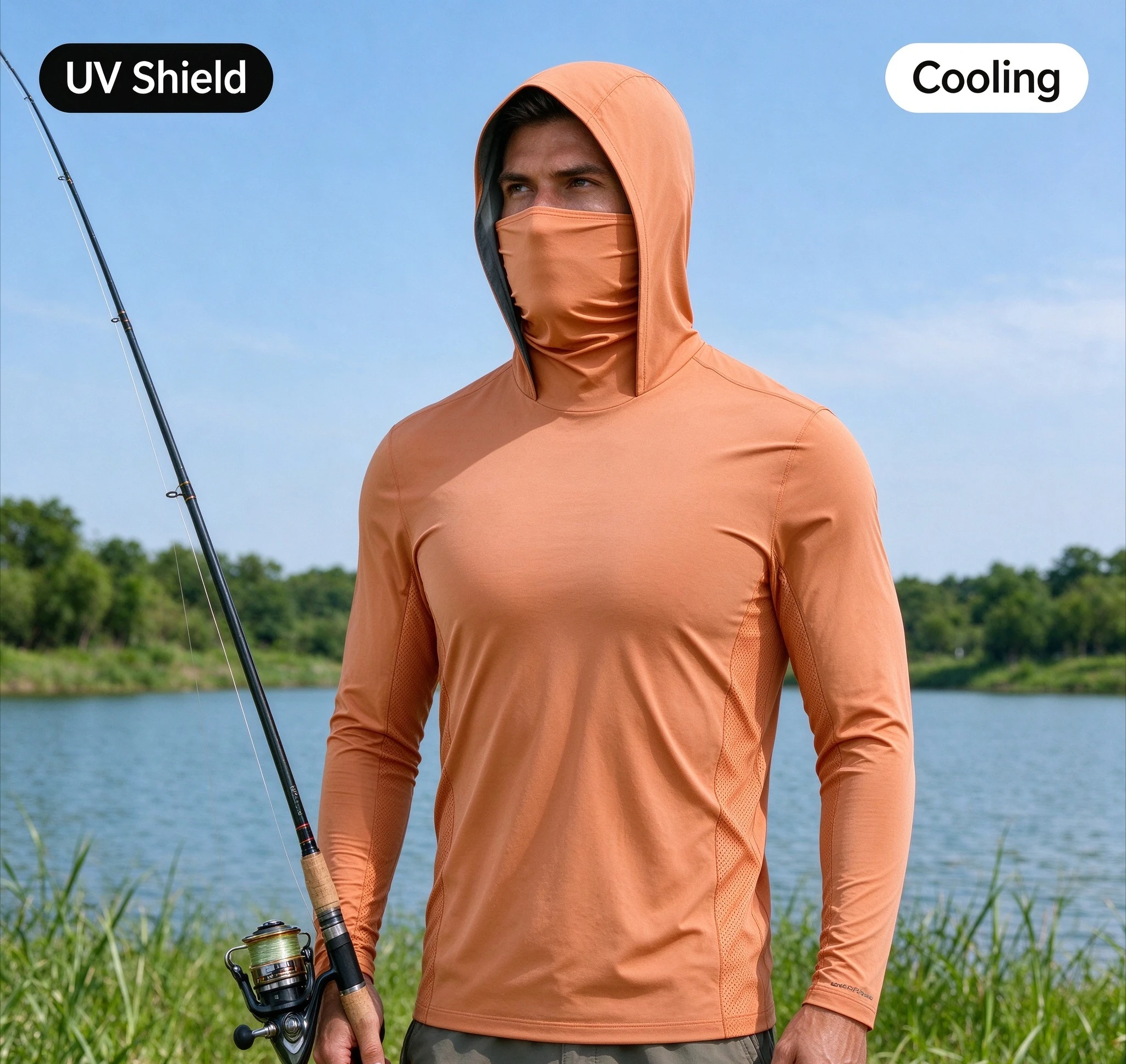 Mens Polyester Fishing Hooded Shirt UPF50 Sun Protection Face Cover Long Sleeve Quick Dry Solid Orange Outdoor Hiking Cooling
