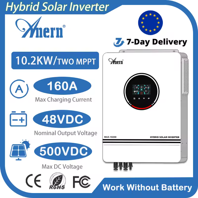 Anern 10.2KW/6.2KW MPPT Hybrid Solar Inverter 48V Build-in MPPT 160A 230VAC Solar Charge Controller Dual PV Input Solar Inverter